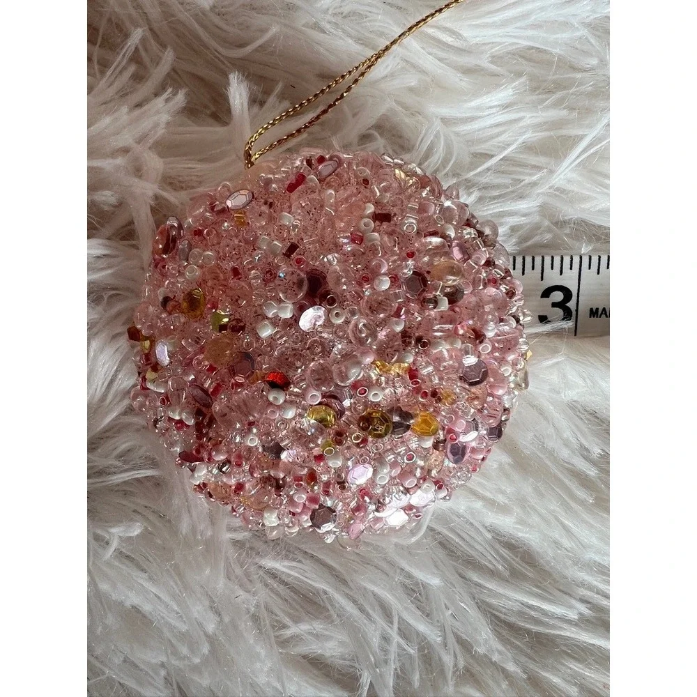 Pink Sparkly Beaded Christmas Tree Ornaments Set of 5 Gold Shimmering Baubles